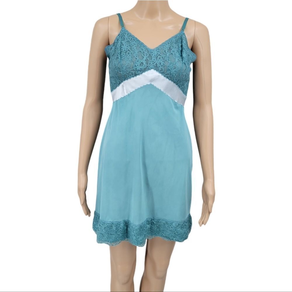 Seamprufe Vintage Mini Length Lace Slip Dress Dyed Upcycled Teal Women's 34